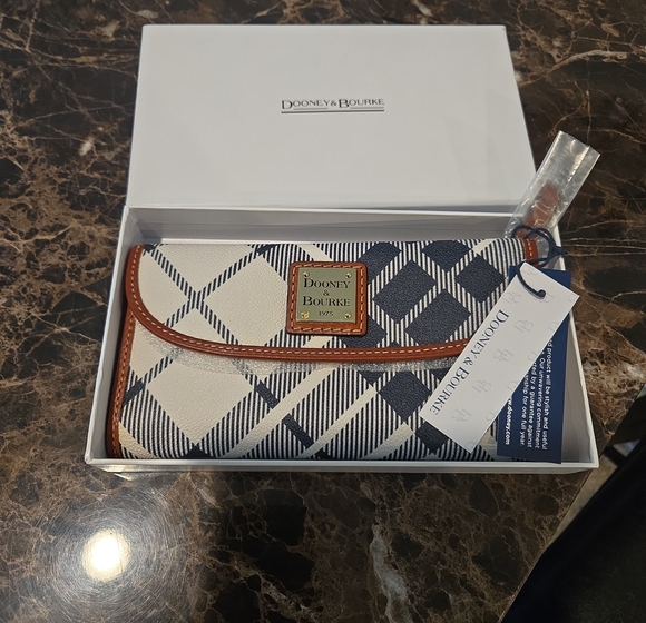Dooney & Bourke Handbags - Dooney & Bourke Navy and White Plaid Wallet with Brown Trim and Gold Plaque